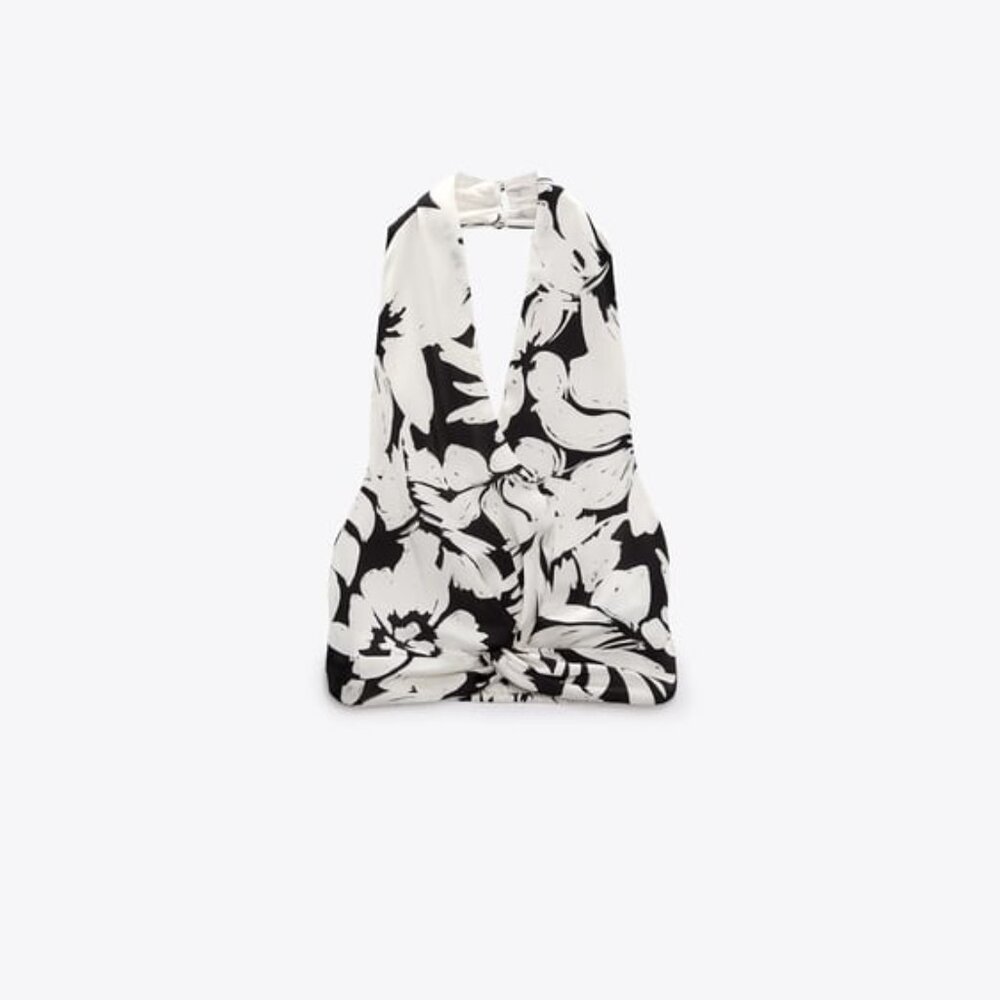 Zara TROPICAL PRINT HALTER NECK TOP Size Small